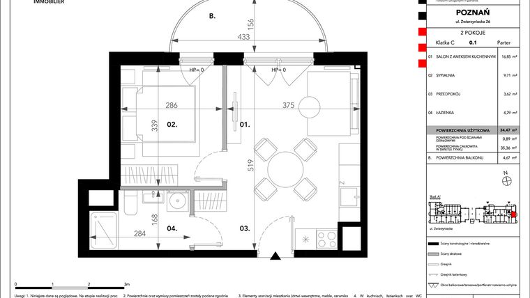 Rzut - Mieszkanie na sprzedaż 2 pokoje o powierzchni 34,47 m² - numer B.C.0.1 w Zajezdnia