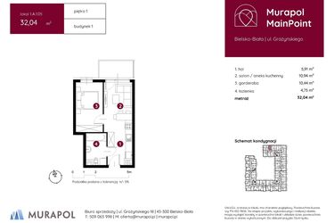 Rzut - Mieszkanie na sprzedaż 1 pokój o powierzchni 32,04 m² - numer 1.A.1.05 w Murapol MainPoint
