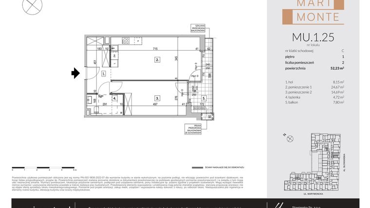 Rzut - Mieszkanie na sprzedaż 2 pokoje o powierzchni 52,23 m² - numer MU.1.25 w Marimonte - apartamenty inwestycyjne
