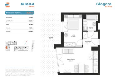 Rzut - Mieszkanie na sprzedaż 2 pokoje o powierzchni 36,93 m² - numer M IV.0.4 w Glogera Bricks