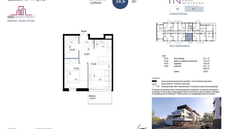 Rzut - Mieszkanie na sprzedaż 2 pokoje o powierzchni 38,6 m² - numer A1-14 w Park Mielecka