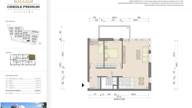 Rzut - Mieszkanie na sprzedaż 3 pokoje o powierzchni 65 m² - numer B3.8 w Osiedle Premium etap IV