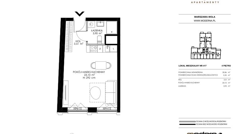 Rzut - Mieszkanie na sprzedaż 1 pokój o powierzchni 30,77 m² - numer 417 w Chronos