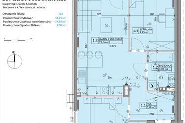 Rzut - Mieszkanie na sprzedaż 3 pokoje o powierzchni 54,95 m² - numer 76B w Osiedle Młodych etap VII