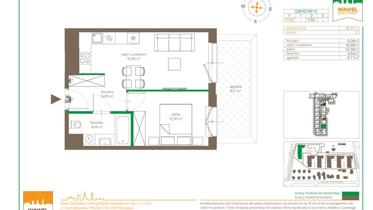 Rzut - Mieszkanie na sprzedaż 2 pokoje o powierzchni 36,31 m² - numer F/38 w Ostródzka 123 - III etap