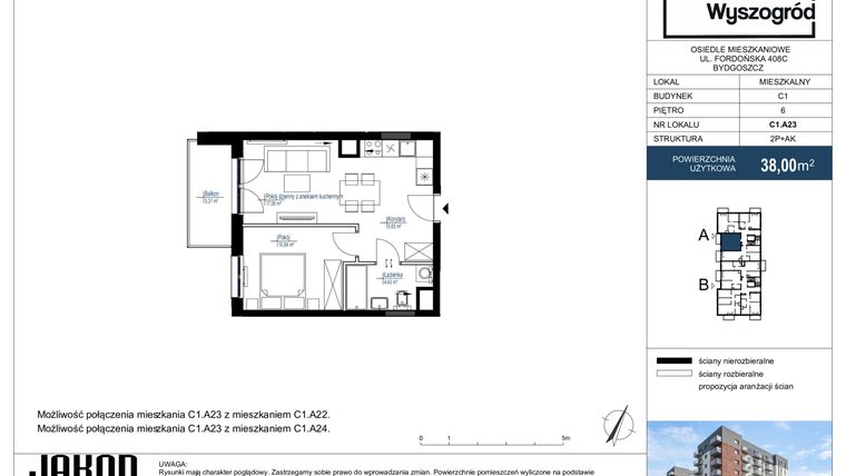 Rzut - Mieszkanie na sprzedaż 2 pokoje o powierzchni 38,04 m² - numer C1.A23 w Nowy Wyszogród etap II
