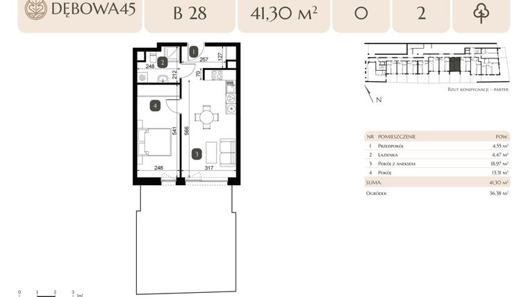 Rzut - Mieszkanie na sprzedaż 2 pokoje o powierzchni 41,3 m² - numer B.28 w Dębowa 45