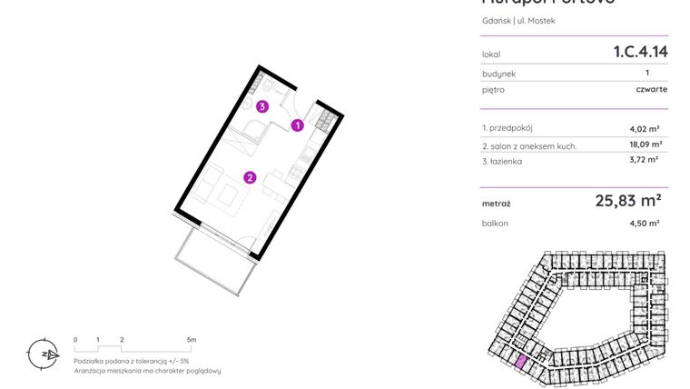 Rzut - Mieszkanie na sprzedaż 1 pokój o powierzchni 25,82 m² - numer 1.C.4.14 w Murapol Portovo etap II