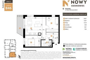 Rzut - Mieszkanie na sprzedaż 3 pokoje o powierzchni 64,51 m² - numer 46 w Nowy Sosnowiec