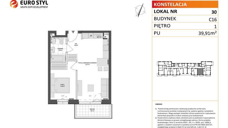 Rzut - Mieszkanie na sprzedaż 2 pokoje o powierzchni 39,91 m² - numer C16.30 w Konstelacja etap VI