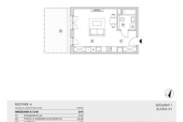 Rzut - Mieszkanie na sprzedaż 1 pokój o powierzchni 34,23 m² - numer A1.0.04 w Zakole Wisły