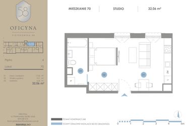 Rzut - Mieszkanie na sprzedaż 1 pokój o powierzchni 32,06 m² - numer 70 w Oficyna - mieszkania