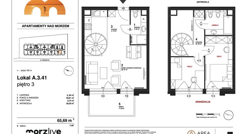 Rzut - Mieszkanie na sprzedaż 3 pokoje o powierzchni 65,69 m² - numer A.3.41 - wykończone pod klucz w Morzlive