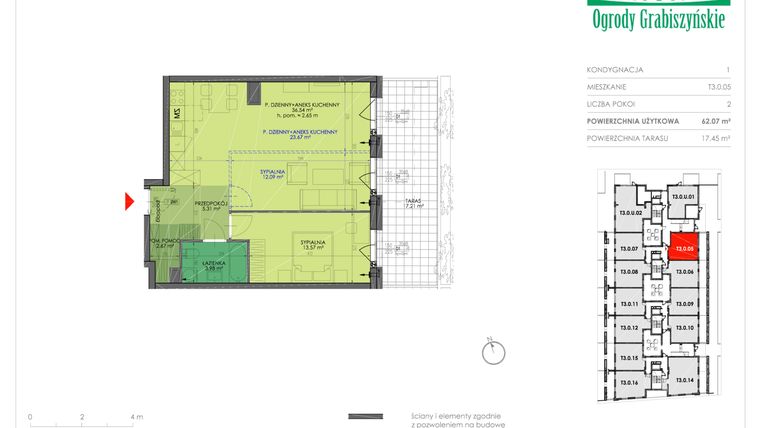 Rzut - Mieszkanie na sprzedaż 2 pokoje o powierzchni 62,07 m² - numer T3.0.05 w Ogrody Grabiszyńskie