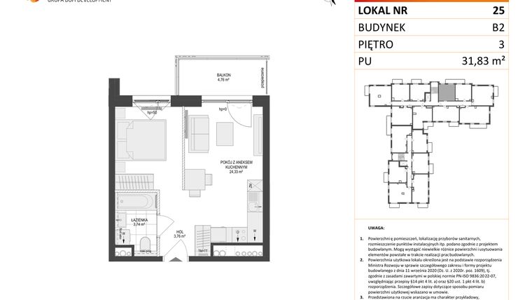 Rzut - Mieszkanie na sprzedaż 1 pokój o powierzchni 31,83 m² - numer 25 w Locus 2 bud. B2