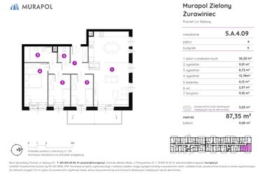 Rzut - Mieszkanie na sprzedaż 4 pokoje o powierzchni 87,57 m² - numer 5.A.4.09 w Murapol Zielony Żurawiniec