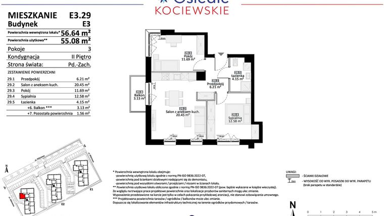 Rzut - Mieszkanie na sprzedaż 3 pokoje o powierzchni 55,08 m² - numer E3.29 w Osiedle Kociewskie bud. E