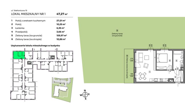 Rzut - Mieszkanie na sprzedaż 2 pokoje o powierzchni 47,27 m² - numer 1 w Nova Radiostacja