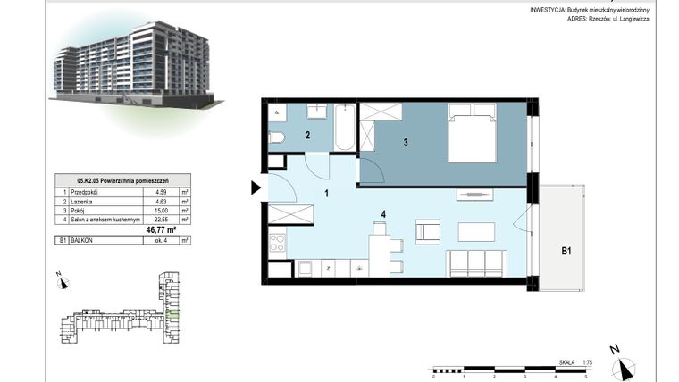 Rzut - Mieszkanie na sprzedaż 2 pokoje o powierzchni 46,77 m² - numer 05.K2.05 w Langiewicza 37