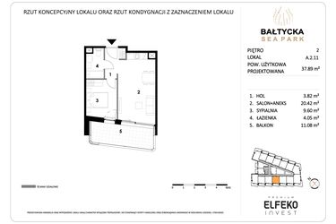Rzut - Mieszkanie na sprzedaż 2 pokoje o powierzchni 37,89 m² - numer A.2.11 w Bałtycka Sea Park