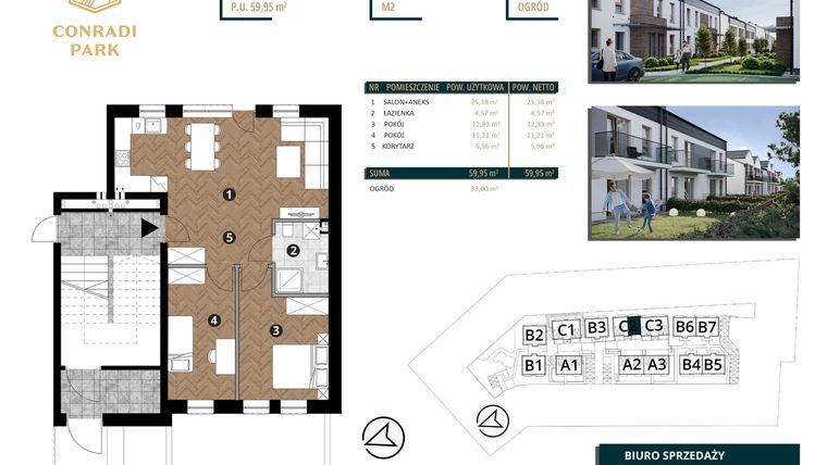 Rzut - Mieszkanie na sprzedaż 3 pokoje o powierzchni 59,95 m² - numer C2.M2 w Conradi Park etap II i III
