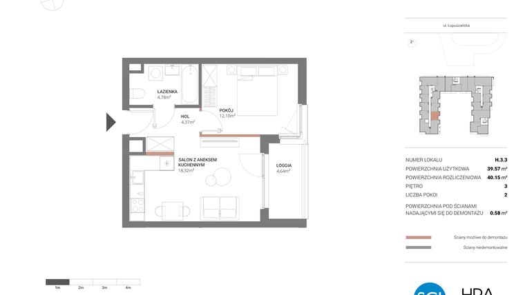 Rzut - Mieszkanie na sprzedaż 2 pokoje o powierzchni 40,15 m² - numer H.3.3 w Łopuszańska 47 - etap 3