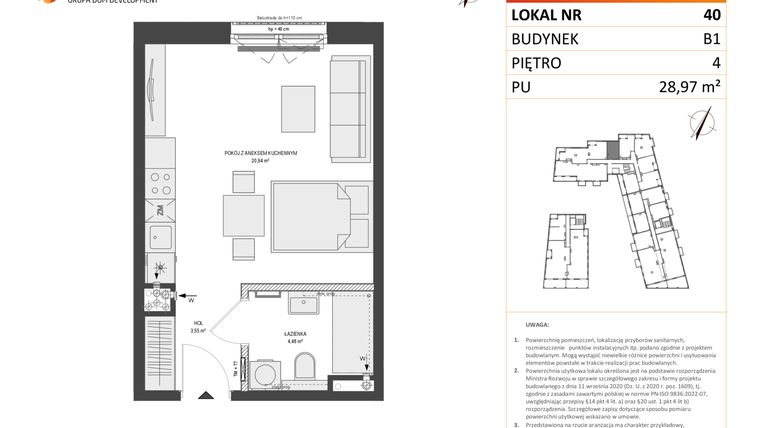 Rzut - Mieszkanie na sprzedaż 1 pokój o powierzchni 28,97 m² - numer B1.40 w Zajezdnia Motława