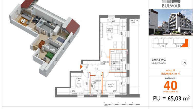 Rzut - Mieszkanie na sprzedaż 3 pokoje o powierzchni 65,03 m² - numer 40 w Osiedle Bulwar bud. 4