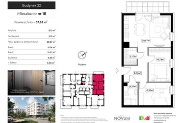 Rzut - Mieszkanie na sprzedaż 3 pokoje o powierzchni 57,63 m² - numer B22.M16 w Novum Rumia - bud. 22