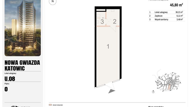 Rzut - Lokal użytkowy na sprzedaż 1 pokój o powierzchni 45,8 m² - numer U.08 w Nowa Gwiazda
