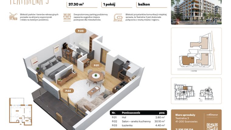 Rzut - Mieszkanie na sprzedaż 1 pokój o powierzchni 37,3 m² - numer B7.A.01 w Teatralna 3