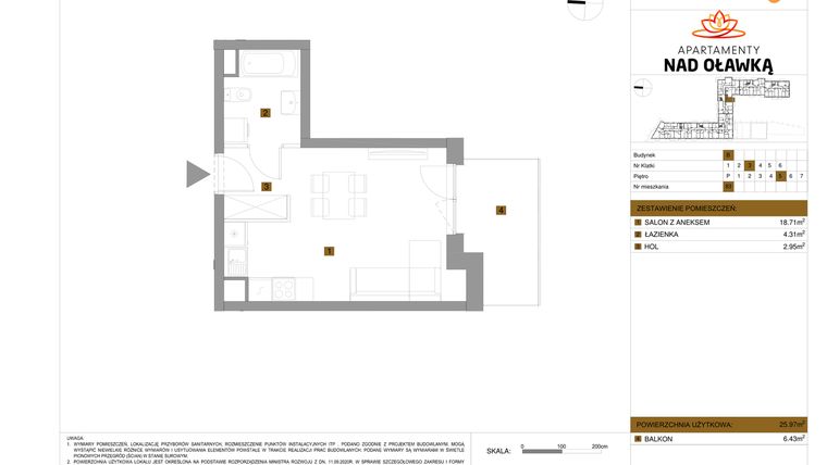 Rzut - Mieszkanie na sprzedaż 1 pokój o powierzchni 25,97 m² - numer 83 w Apartamenty nad Oławką etap II