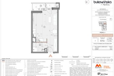 Rzut - Mieszkanie na sprzedaż 1 pokój o powierzchni 32,96 m² - numer F1.A.07.04 w Bukowińska Mokotów
