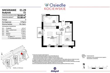 Rzut - Mieszkanie na sprzedaż 3 pokoje o powierzchni 55,08 m² - numer E1.29 w Osiedle Kociewskie bud. E