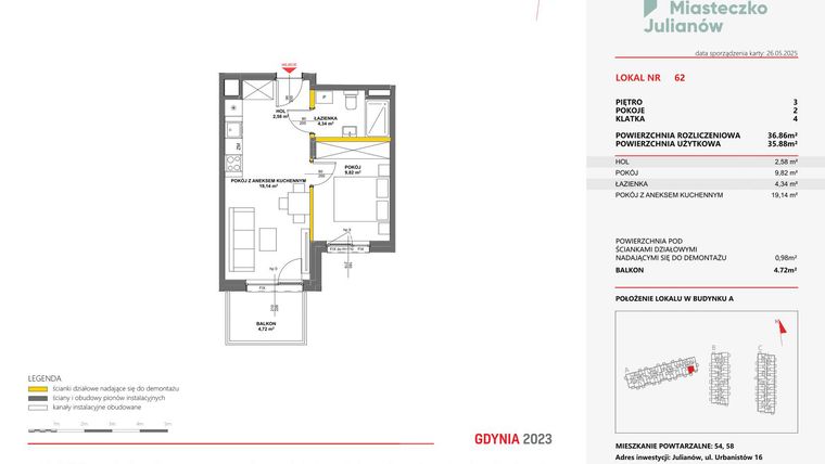 Rzut - Mieszkanie na sprzedaż 2 pokoje o powierzchni 36,86 m² - numer 62 w Miasteczko Julianów