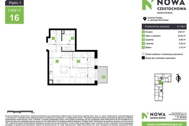Rzut - Mieszkanie na sprzedaż 2 pokoje o powierzchni 47,76 m² - numer M16 w Nowa Częstochowa Mościckiego