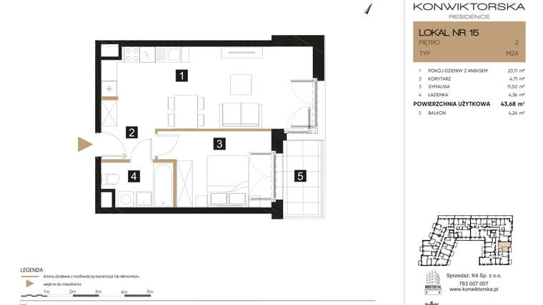 Rzut - Mieszkanie na sprzedaż 2 pokoje o powierzchni 43,68 m² - numer 15 w Konwiktorska Residence