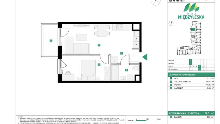 Rzut - Mieszkanie na sprzedaż 2 pokoje o powierzchni 38,51 m² - numer 31 w Osiedle Międzyleska - etap III