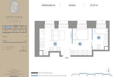 Rzut - Mieszkanie na sprzedaż 1 pokój o powierzchni 27,29 m² - numer 59 w Oficyna - mieszkania
