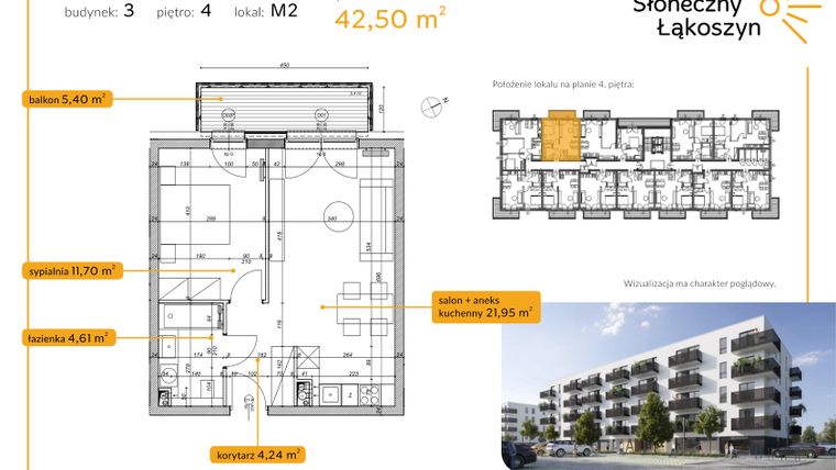 Rzut - Mieszkanie na sprzedaż 2 pokoje o powierzchni 42,5 m² - numer 3.4.2 w Osiedle Słoneczny Łąkoszyn