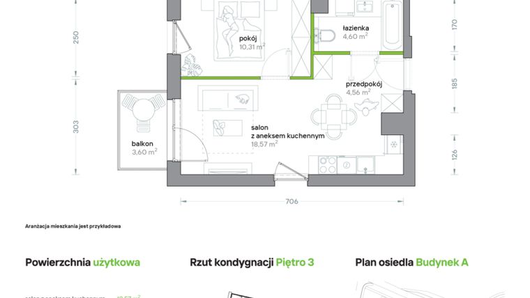 Rzut - Mieszkanie na sprzedaż 2 pokoje o powierzchni 38,04 m² - numer A/KL1/3/03 w Podhalańska Vita