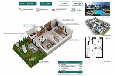 Rzut - Mieszkanie na sprzedaż 2 pokoje o powierzchni 35,12 m² - numer D1/1 w Bałtycka Oaza