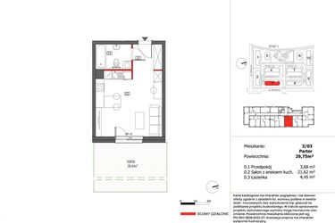 Rzut - Mieszkanie na sprzedaż 1 pokój o powierzchni 29,75 m² - numer 3/3 w Słoneczny Zakątek