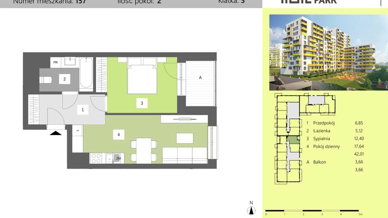 Rzut - Mieszkanie na sprzedaż 2 pokoje o powierzchni 42,01 m² - numer 157 w Dworzysko Park - Etap II
