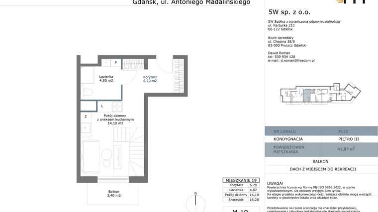 Rzut - Mieszkanie na sprzedaż 2 pokoje o powierzchni 41,87 m² - numer M19 w Madalińskiego