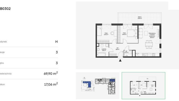 Rzut - Mieszkanie na sprzedaż 3 pokoje o powierzchni 69,9 m² - numer HB0302 w Holm House 5