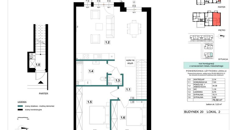 Rzut - Mieszkanie na sprzedaż 3 pokoje o powierzchni 76,58 m² - numer 20-2 w Błonie Bosco