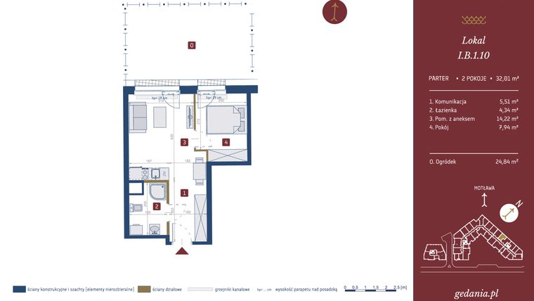 Rzut - Mieszkanie na sprzedaż 2 pokoje o powierzchni 32,01 m² - numer I.B.1.10 w GEDANIA Riverside Living - apartamenty inwestycyjne