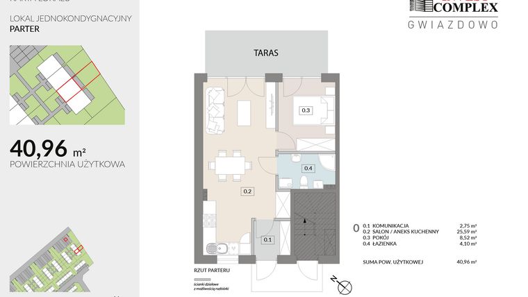 Rzut - Mieszkanie na sprzedaż 2 pokoje o powierzchni 40,96 m² - numer A63.1 w Osiedle Gwiazdowo etap 6B