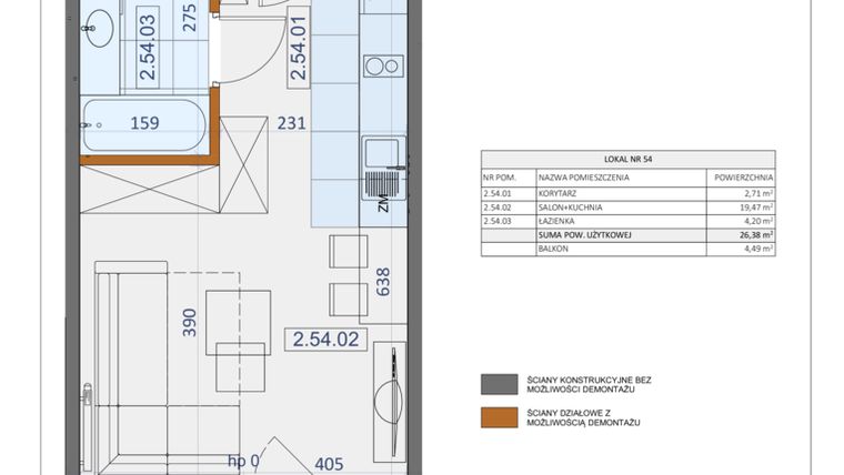 Rzut - Mieszkanie na sprzedaż 1 pokój o powierzchni 26,38 m² - numer 54 w Osiedle Zycha